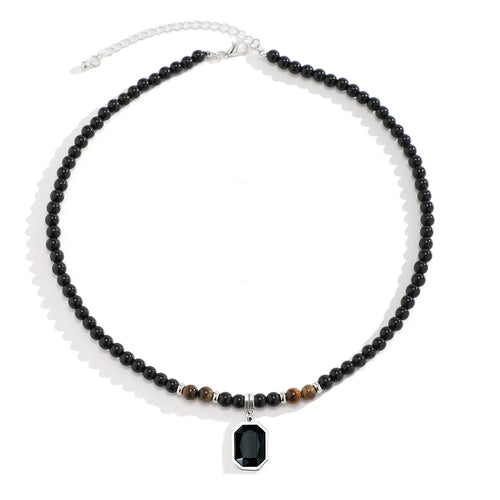 FBA Black Beads Square Pendant Necklace for Men | Fashion Jewelry