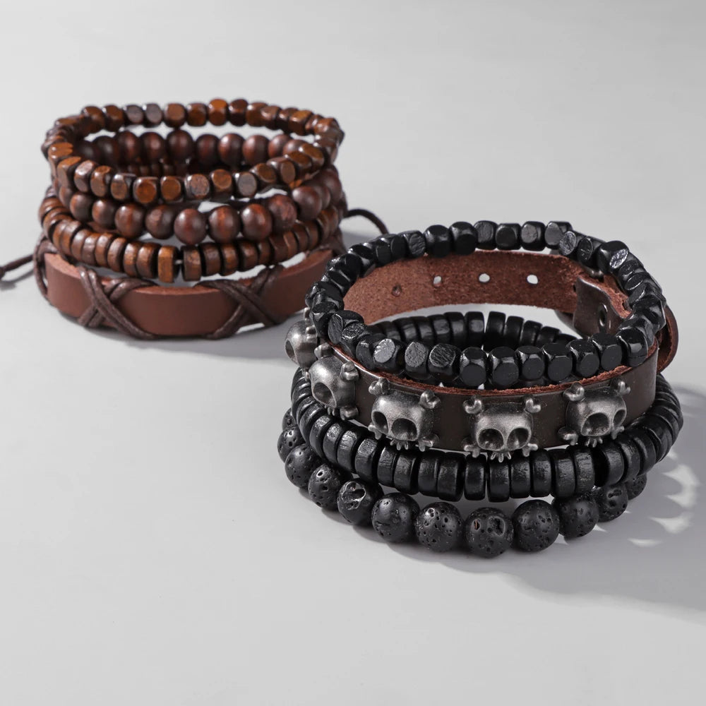 FBA Black Skull Beaded Leather Bracelet for Men | Buddhist Punk Jewelry