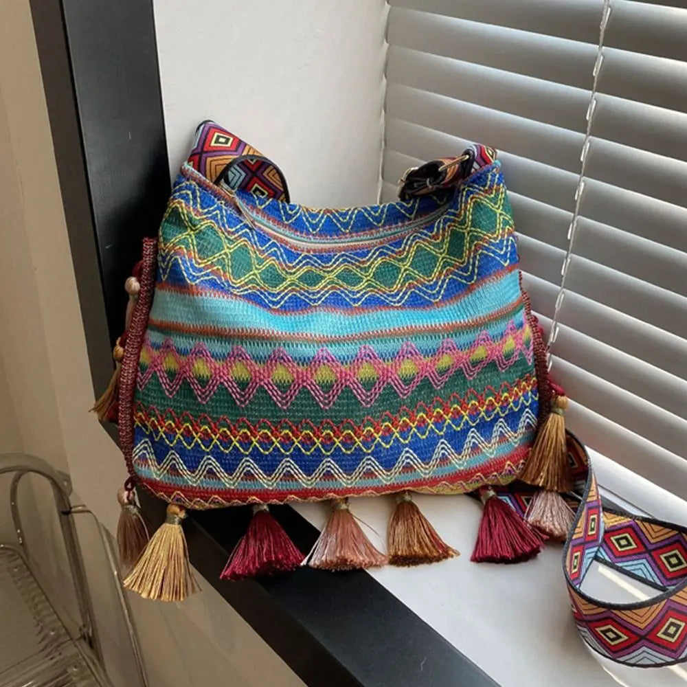 Tassel Ethnic Fringe Crossbody Shoulder Bag – Bohemian Woven Messenger Handbag