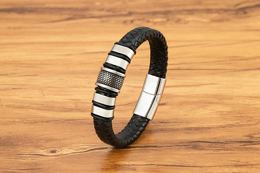 FBA Men's Stainless Steel Beaded Leather Rope Bracelet | Charm Jewelry Gift