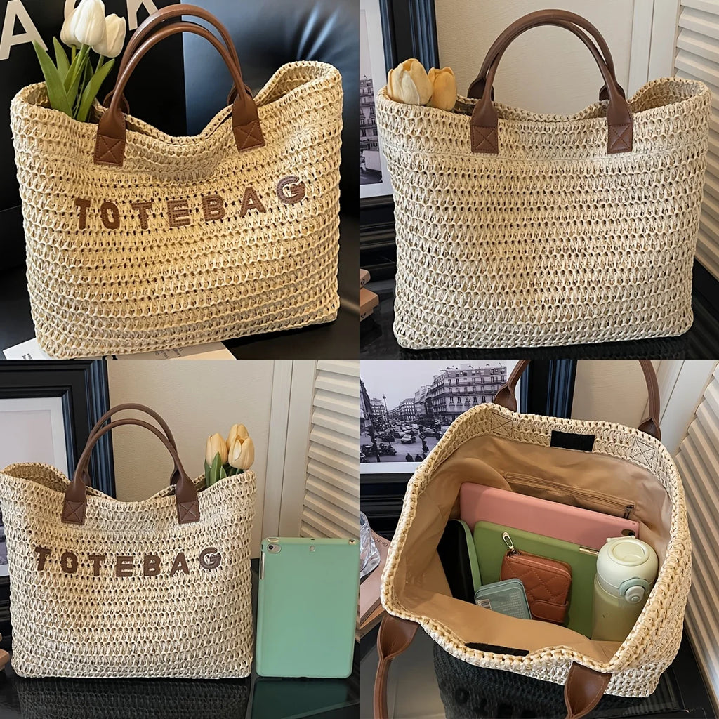 Large Capacity Contrast Color Woven Tote Bag – Minimalist Vacation Style for Commute, Travel & Gift