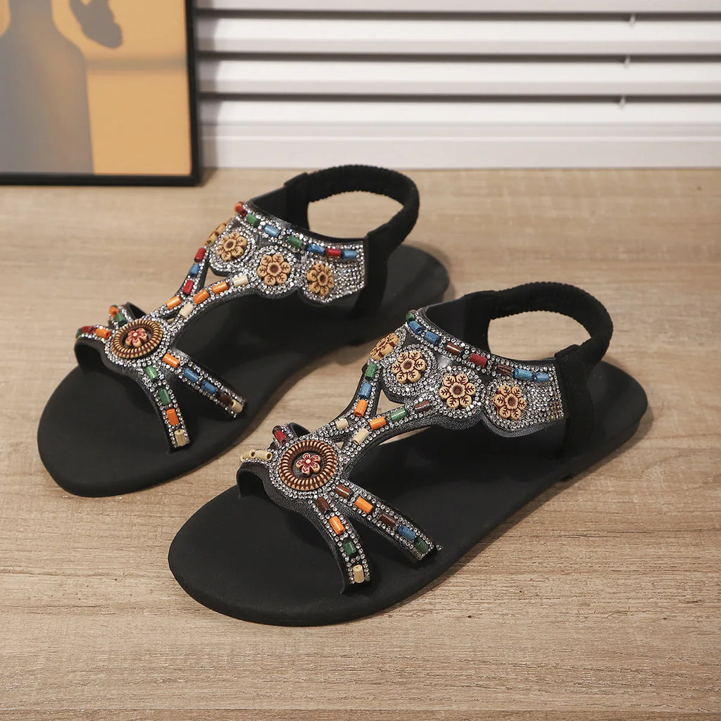 FBA Women's Beaded Fairy Style Flat Roman Sandals | Plus Size Ethnic Shoes