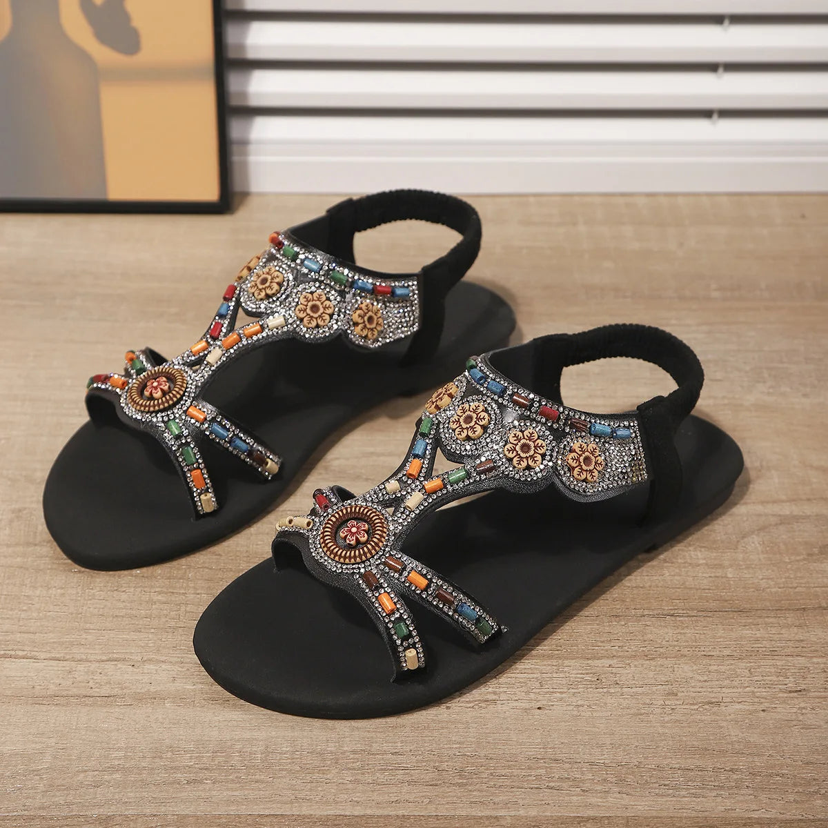 FBA Women's Beaded Fairy Style Flat Roman Sandals | Plus Size Ethnic Shoes