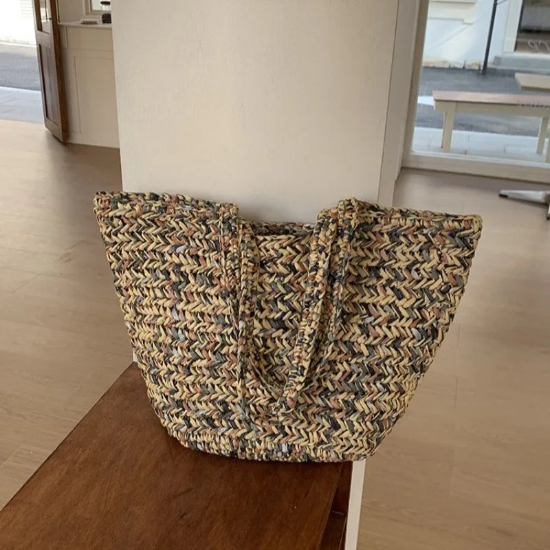 Handwoven PP Grass Straw Beach Tote Bag – Large Capacity Bohemian Travel Bag