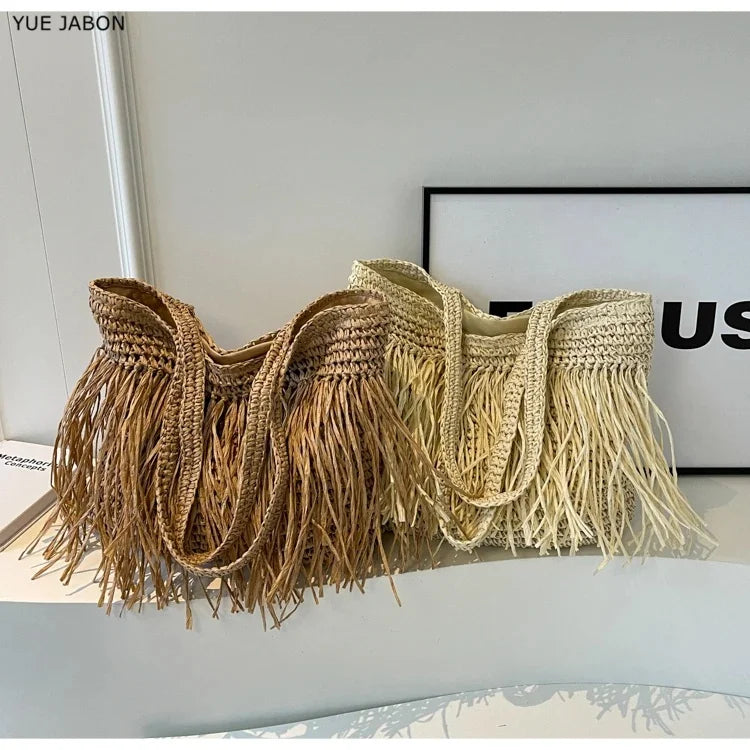 Women Tassel Straw Woven Tote Bag – Handmade Top-Handle Beach Shoulder Bag & Travel Purse
