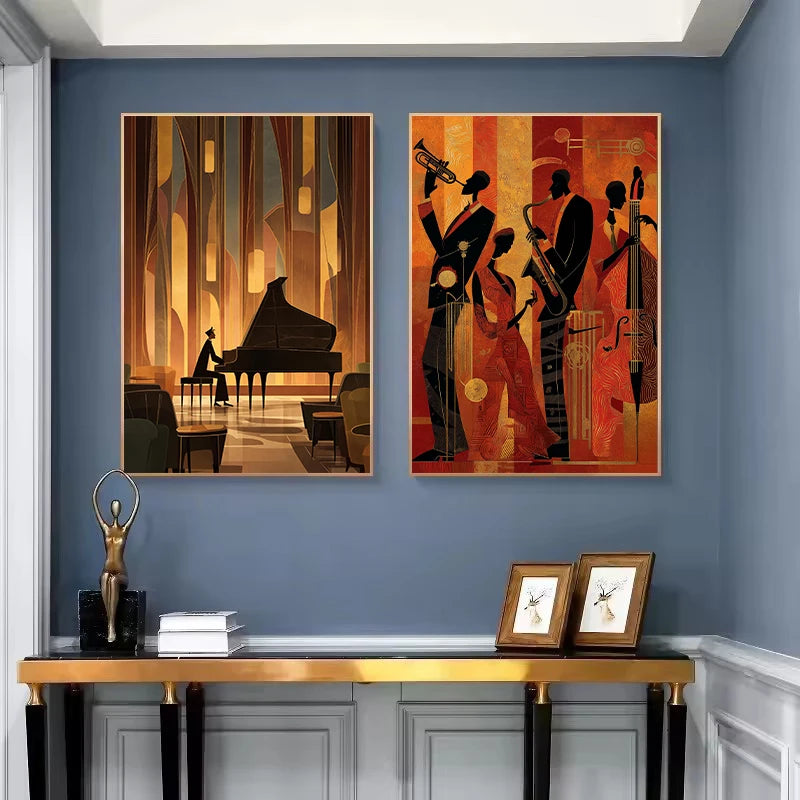 Retro Jazz Band African Musician Canvas Print – Art Deco Wall Art for Home Bar & Living Room
