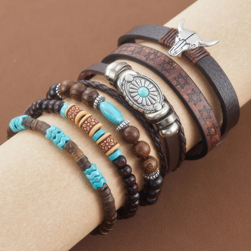 FBA 6-Piece Western Cowboy Beaded Bracelet Set | Boho Jewelry