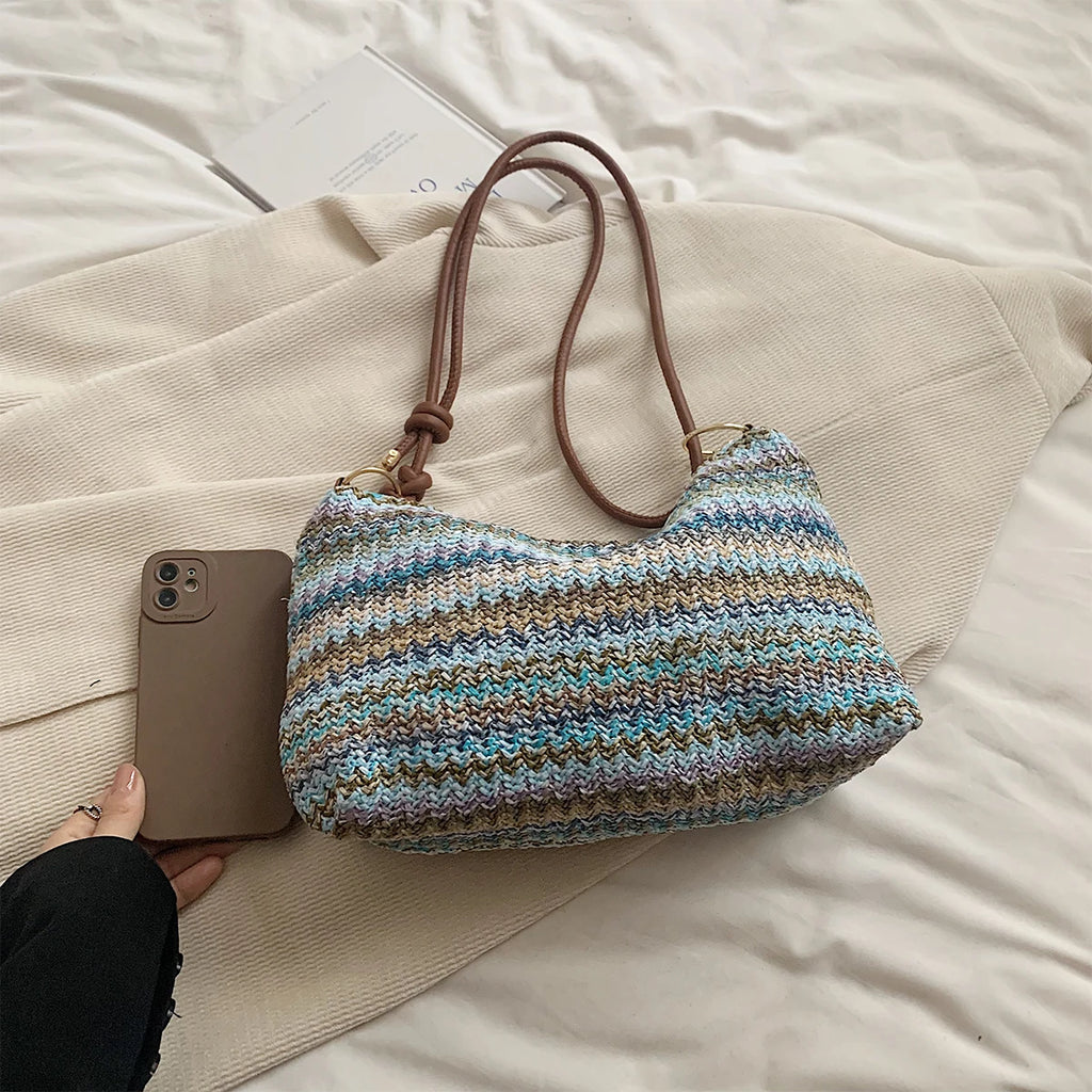 Women's Striped Woven Straw Tote Bag with Detachable Coin Purse – Zip Closure Beach Vacation Bag