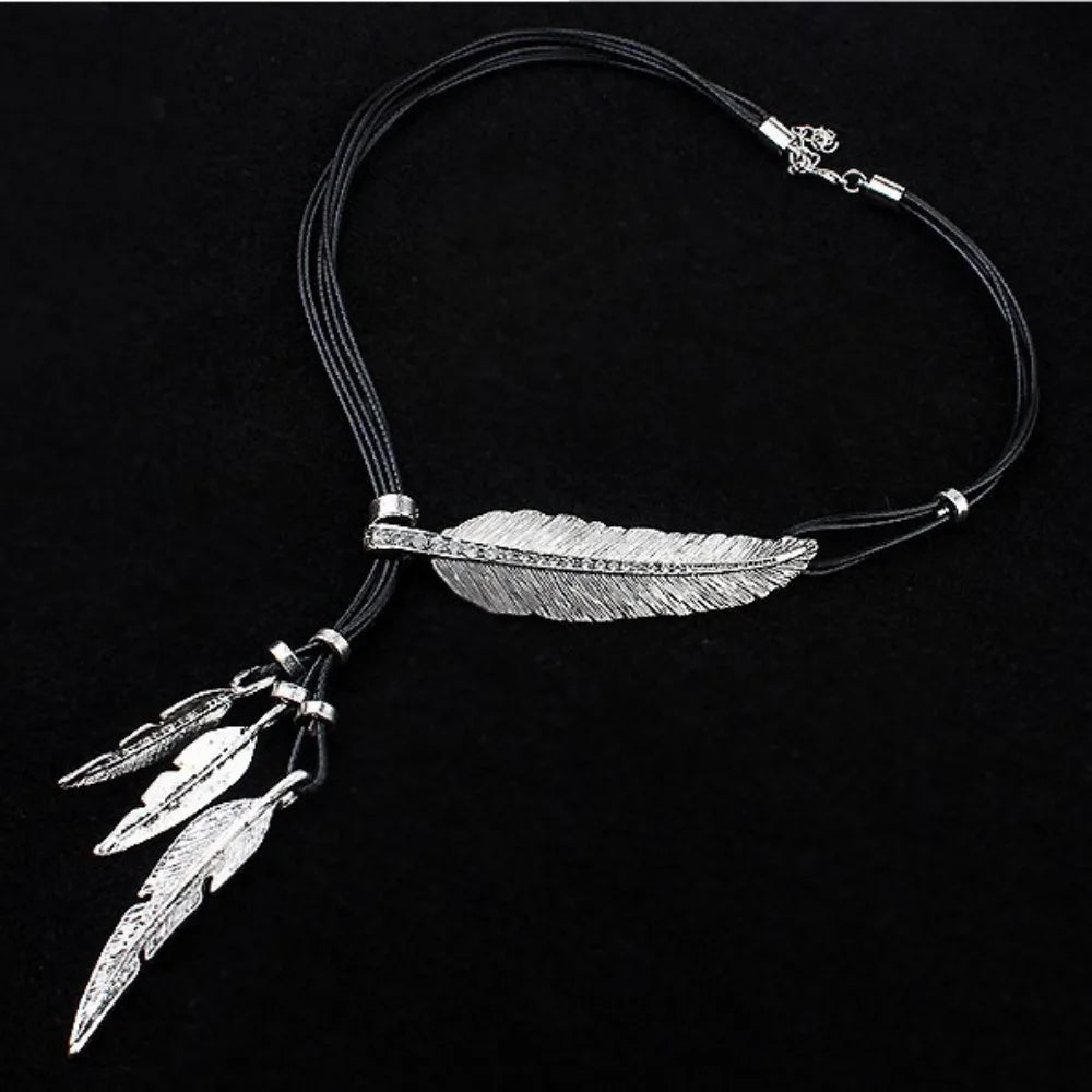 FBA Feather Rhinestone Tassel Necklace | Silver Leather Rope Jewelry