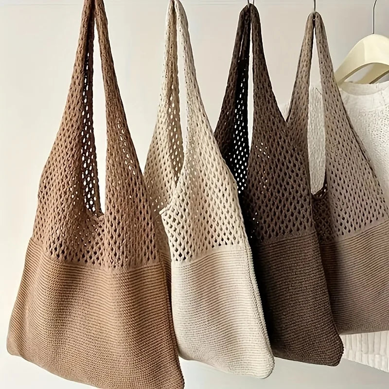 Women's Bohemian Knit Openwork Nylon Tote Bag – Casual Beach Shoulder Bag for Outings & Trips