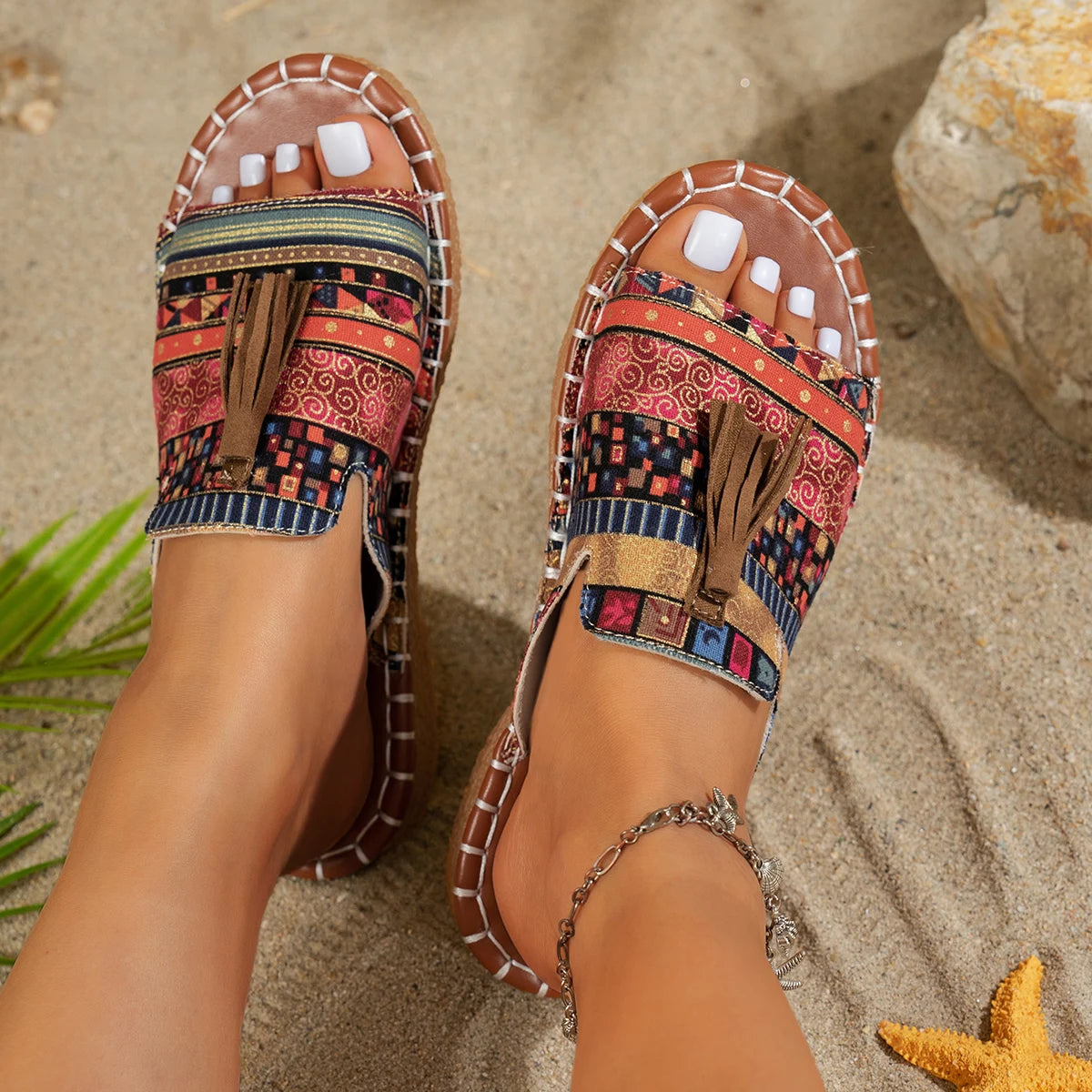 FBA Women's Mixed Color Low Heel Beach Slides | Plus Size Sandals