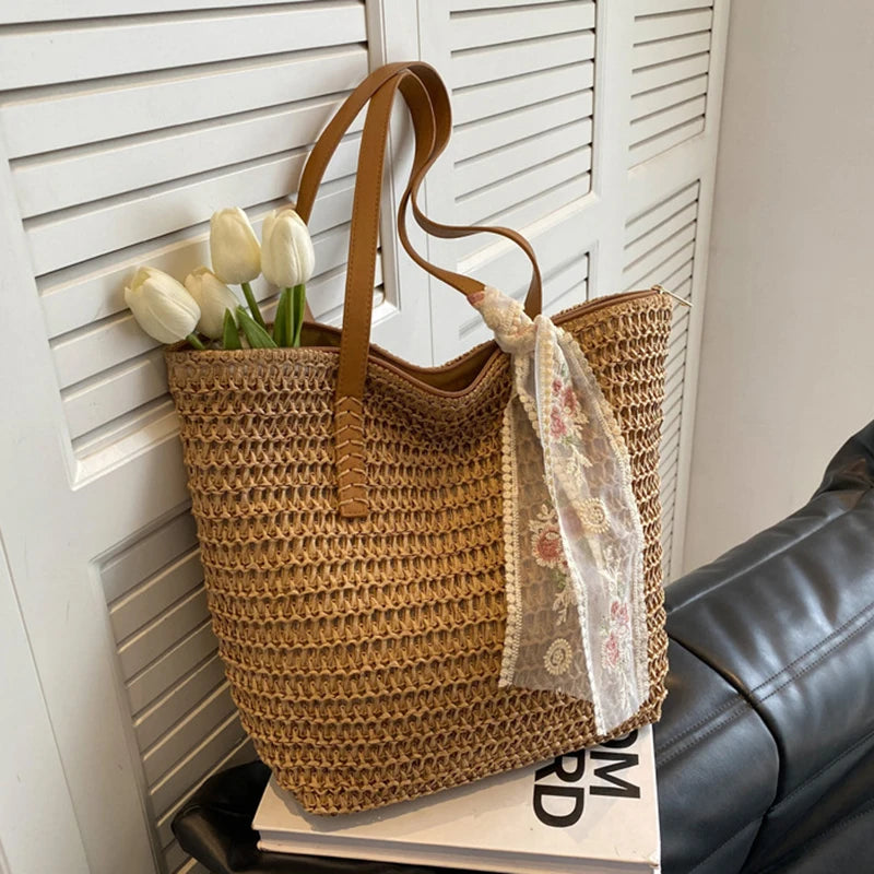 Handmade Grass Woven Tote Bag for Women – Large Capacity Rural Fresh Shoulder Bag with Scarf