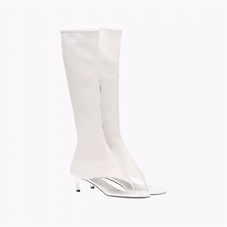 Women's Open Toe Knee-High Boot — Kitten Heel, Multi-Finish