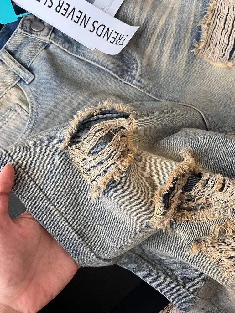Women's American Retro Distressed Stonewash Wide-Leg Straight Jeans – Loose Drape Ankle-Length Denim | Beige | XS–XL | FBA Vibes