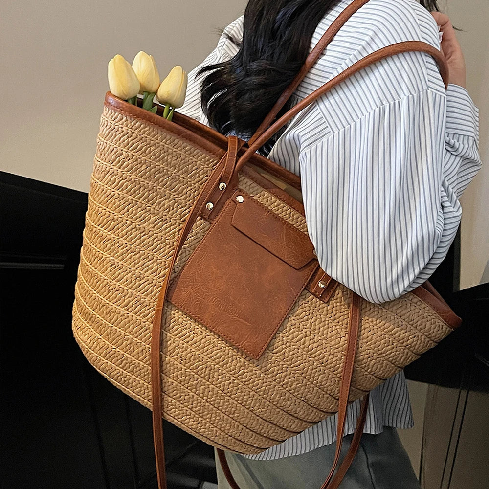 Bohemian Straw Woven Tote Bag with Leather Trim – Large Capacity Beach Vacation Shoulder Bag