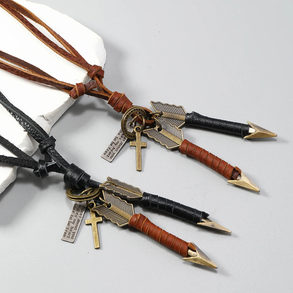 FBA Handmade Leather Double Arrow Pendant Necklace | Boho Artisan Jewelry