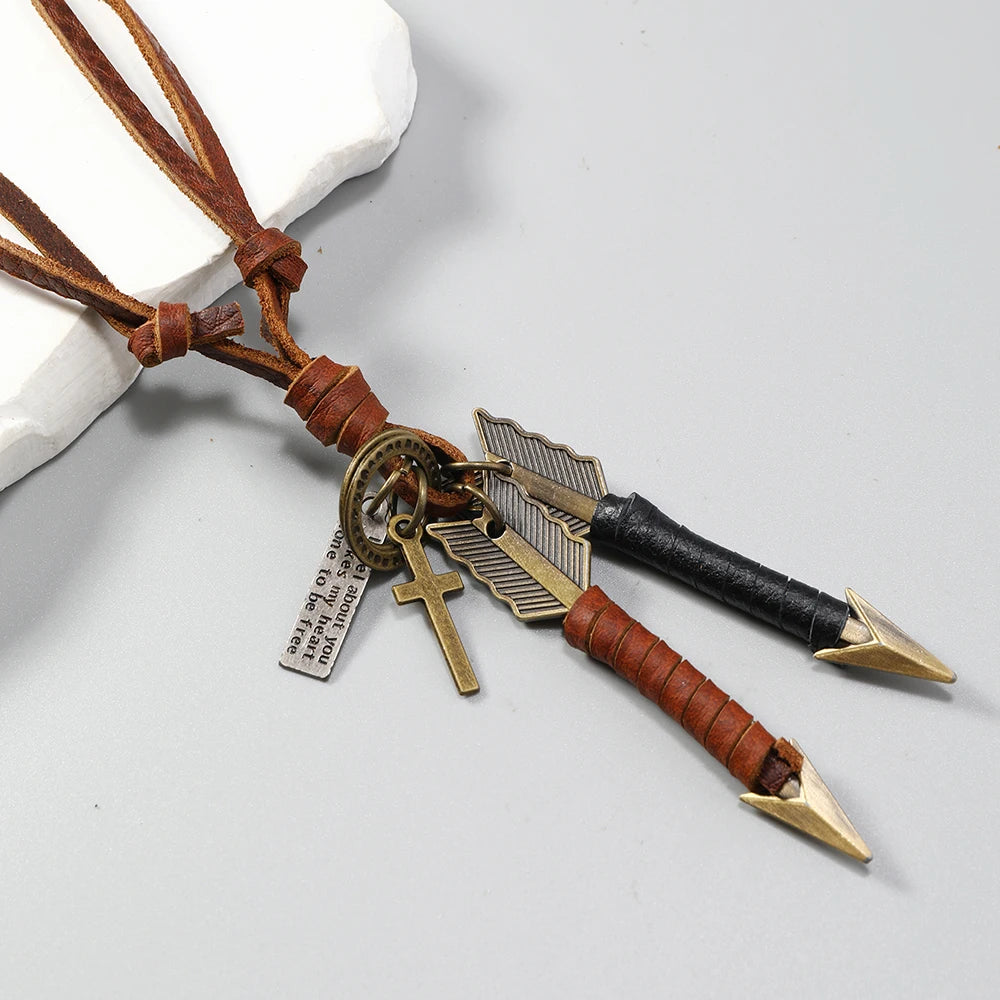 FBA Handmade Leather Double Arrow Pendant Necklace | Boho Artisan Jewelry