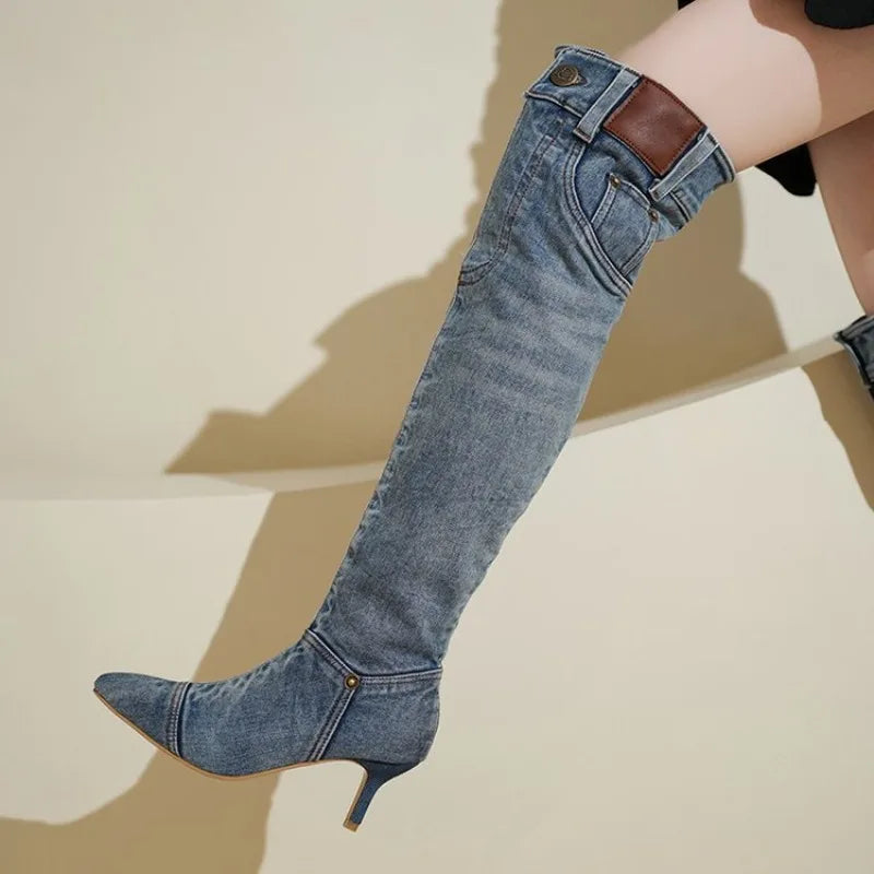 Women's Vintage Denim Slim Heel Pointed Toe Knee-High Boot | FBA Vibes