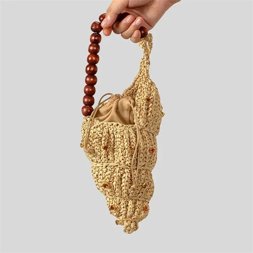 Boho Straw Tote Bag with Wooden Bead Handle – Summer Beach Shoulder Purse & Vacation Gift