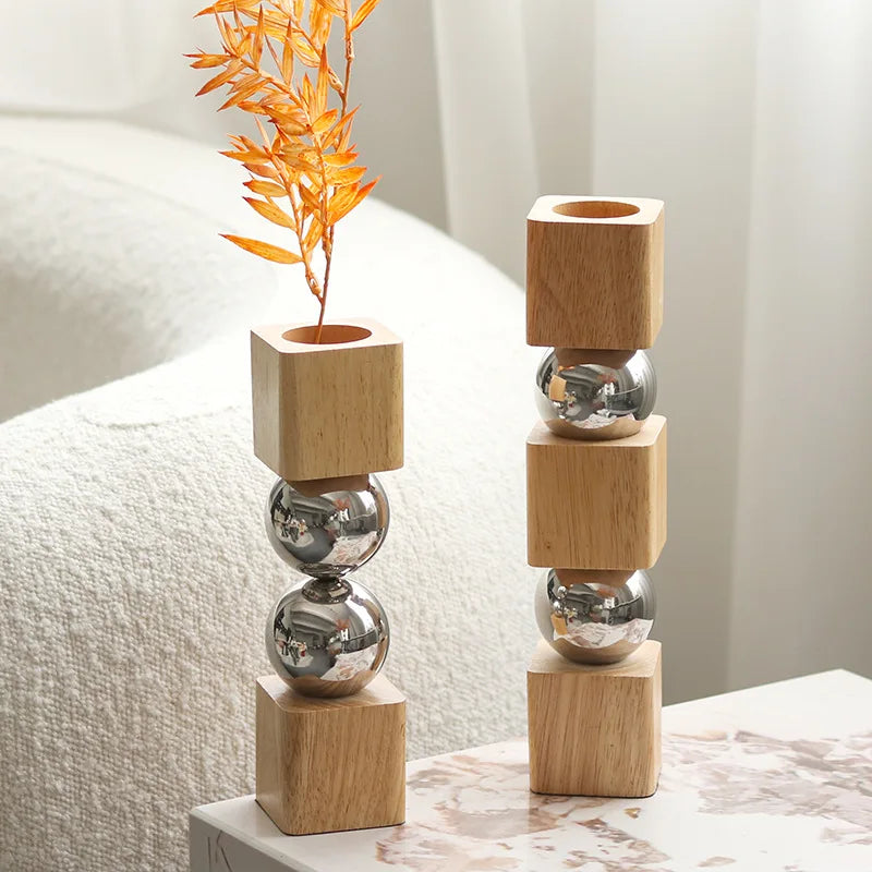 Nordic Geometric Wood & Metal Flower Vase | Luxury Artistic Home Decor