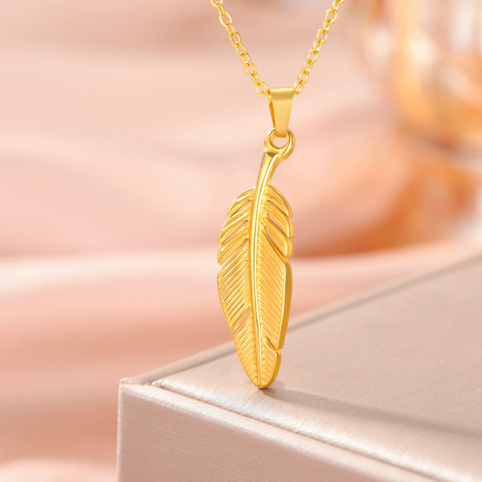 FBA Stainless Steel Feather Leaf Pendant Necklace | Women's Gold Jewelry