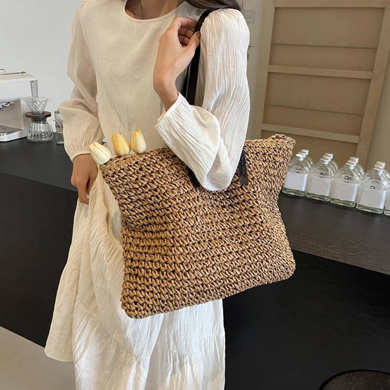 Straw Woven Casual Tote Bag for Women – Large Capacity Bohemian Beach Shoulder Handbag