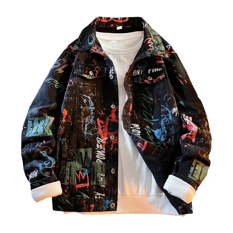 Men's Hip Hop Letter Graffiti Denim Jacket – Korean Slim Punk Unisex Jean Coat | Red & Black | S–XXXL | FBA Vibes