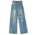Women's American Retro Y2K Ripped Straight-Leg Jeans – Loose Casual Distressed Denim | Retro Blue | S–XL | FBA Vibes