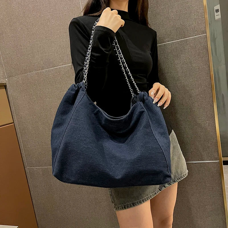 Big Chain Denim Shoulder Tote Bag for Women – Large Capacity Luxury Shopper