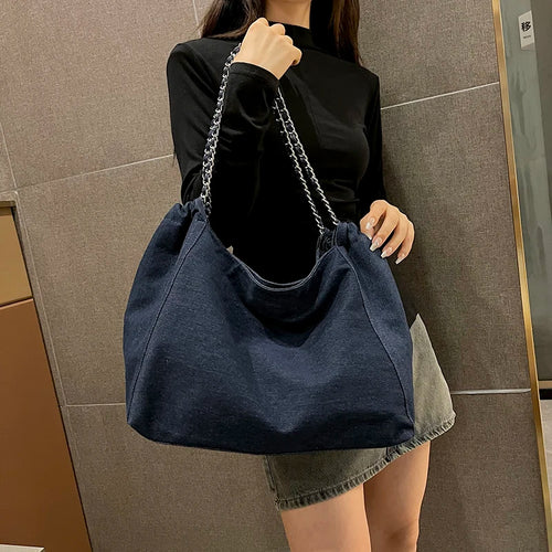 Big Chain Denim Shoulder Tote Bag for Women – Large Capacity Luxury Shopper