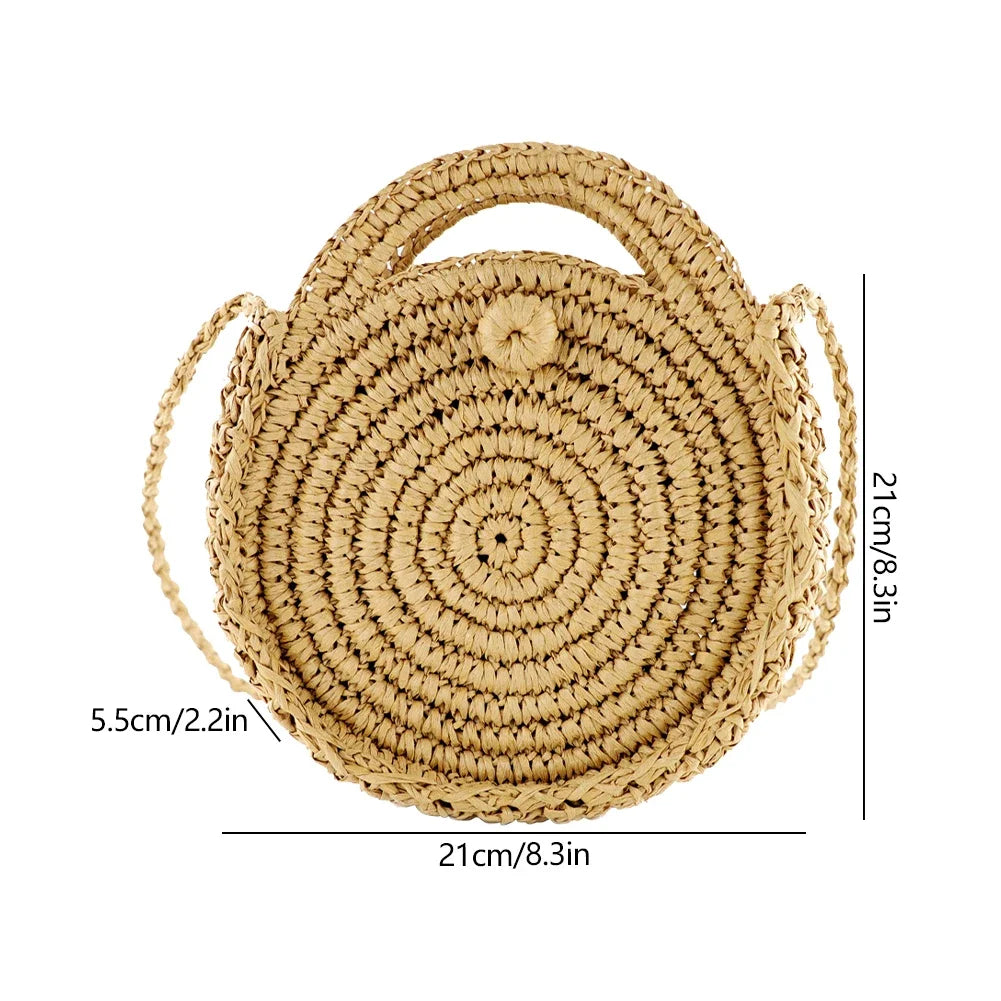 Women's Round Straw Woven Tote Bag – Large Capacity Ethnic Style Vacation Shoulder Handbag