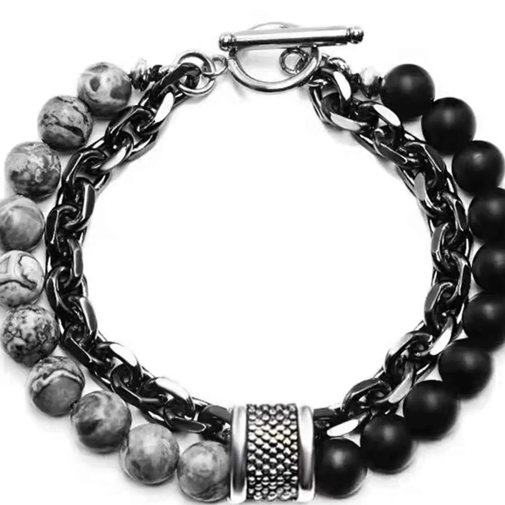 FBA Punk Black Beads Natural Stone Double Bracelet | Men's Jewelry