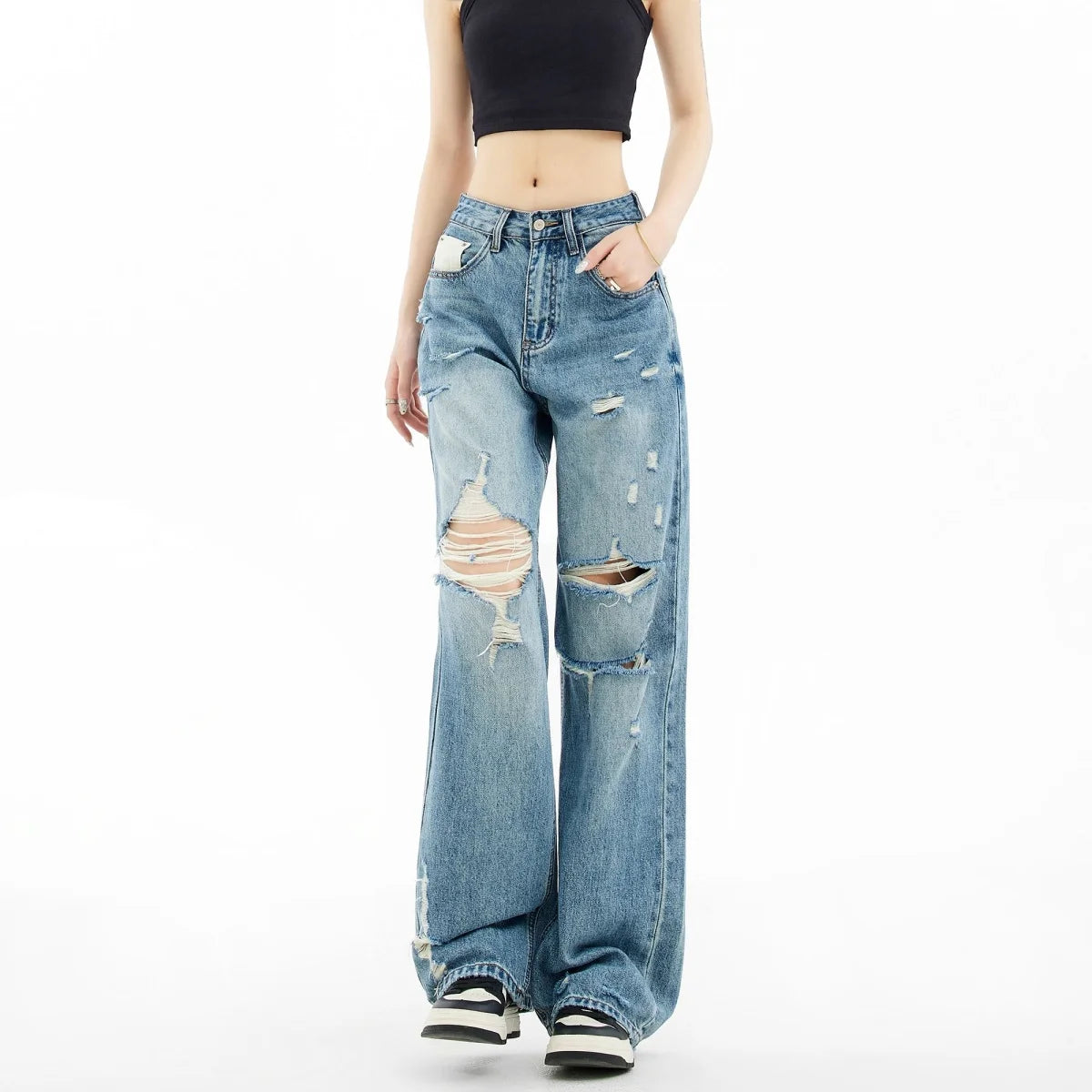 Women's American Retro Y2K Ripped Straight-Leg Jeans – Loose Casual Distressed Denim | Retro Blue | S–XL | FBA Vibes