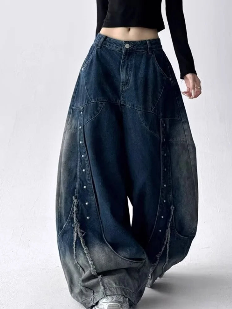 Women's American Retro Y2K Patchwork Wide-Leg Jeans – Baggy Stacked Denim Trousers | Vintage Black & Blue | S–XXXL | FBA Vibes