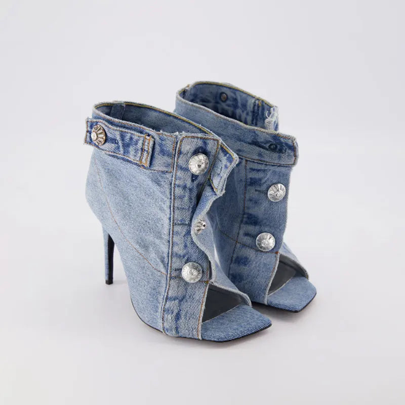 Women's Denim Peep Toe Ankle Boot — Square Toe, Ultra-High Heel, Button Detail