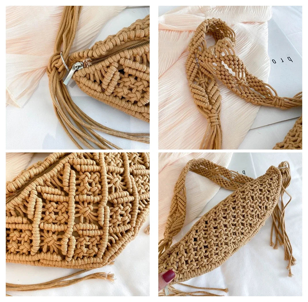 Bohemian Crochet Knitted Beach Tote & Crossbody Bag – Ethnic Style Woven Shoulder Bag for Women