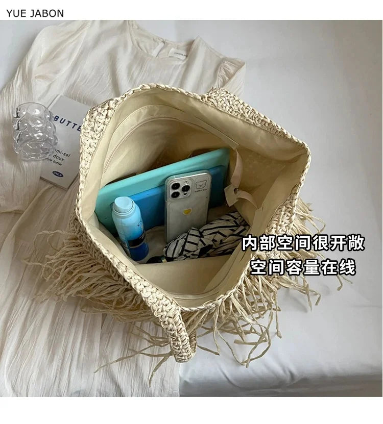 Women Tassel Straw Woven Tote Bag – Handmade Top-Handle Beach Shoulder Bag & Travel Purse