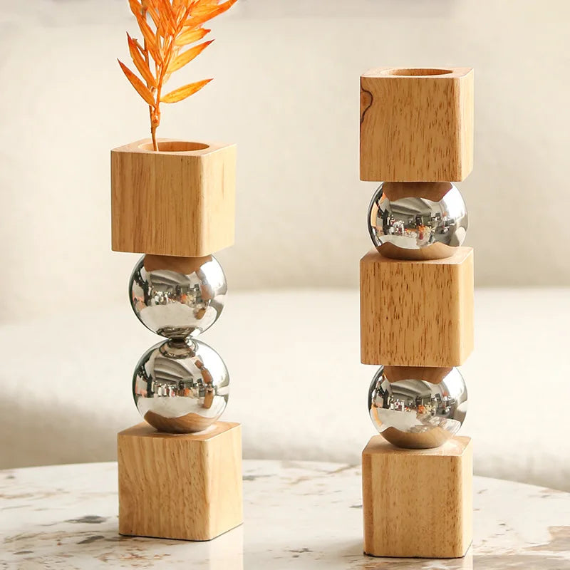 Nordic Geometric Wood & Metal Flower Vase | Luxury Artistic Home Decor
