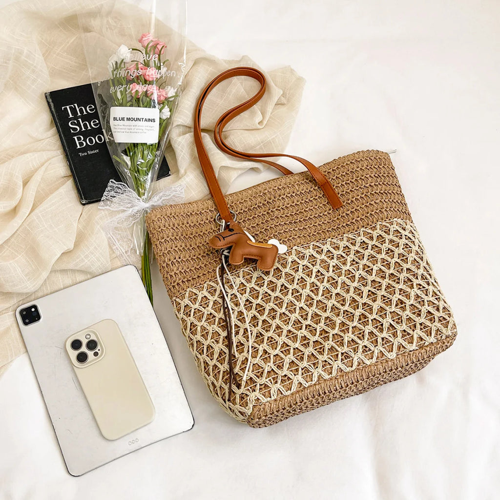 Bohemian Straw Tote Bag with Pony Charm – Hollowed Weave Beach Shoulder Bag