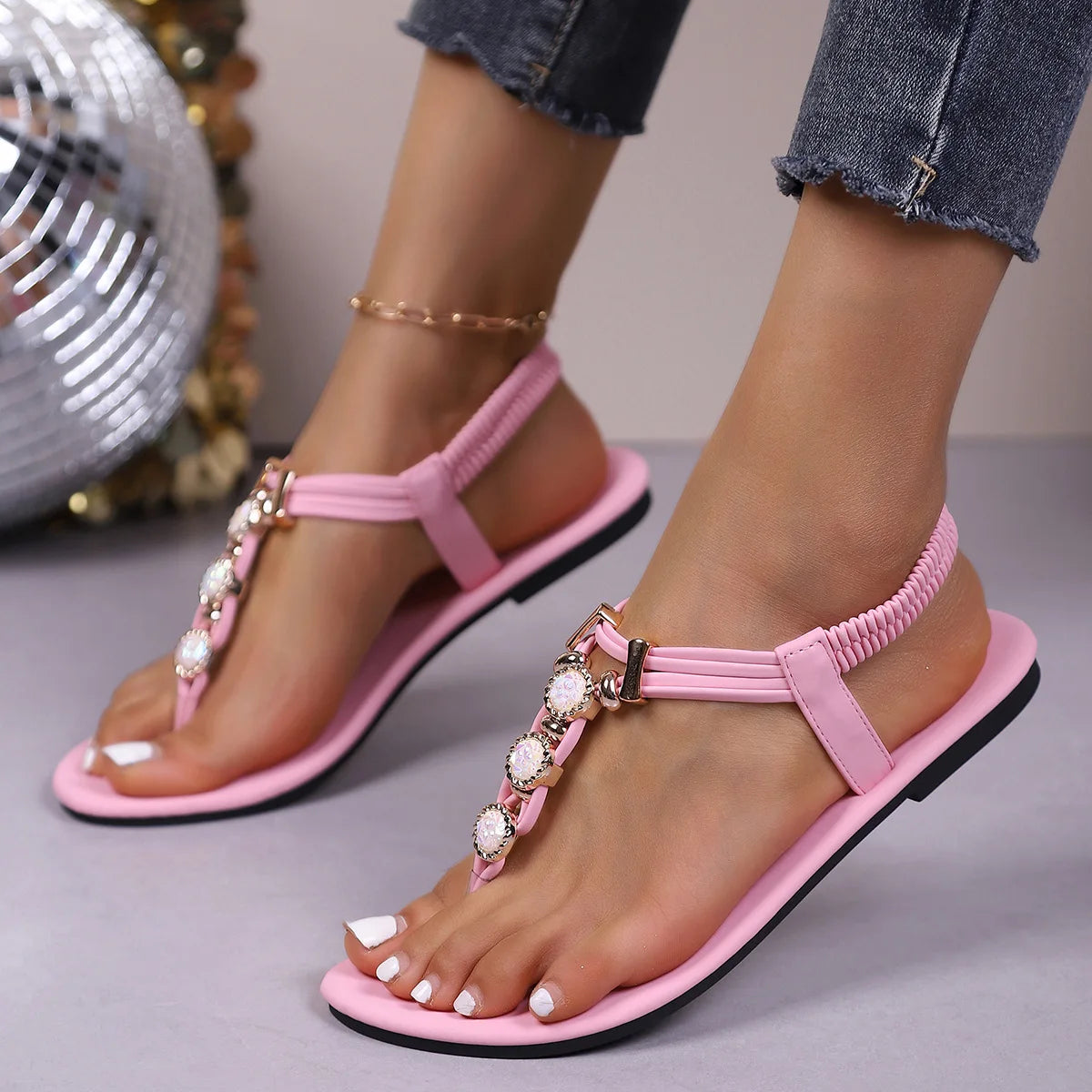 FBA Women's Handmade Beaded Fairy Style Flat Sandals | Plus Size Beach Shoes