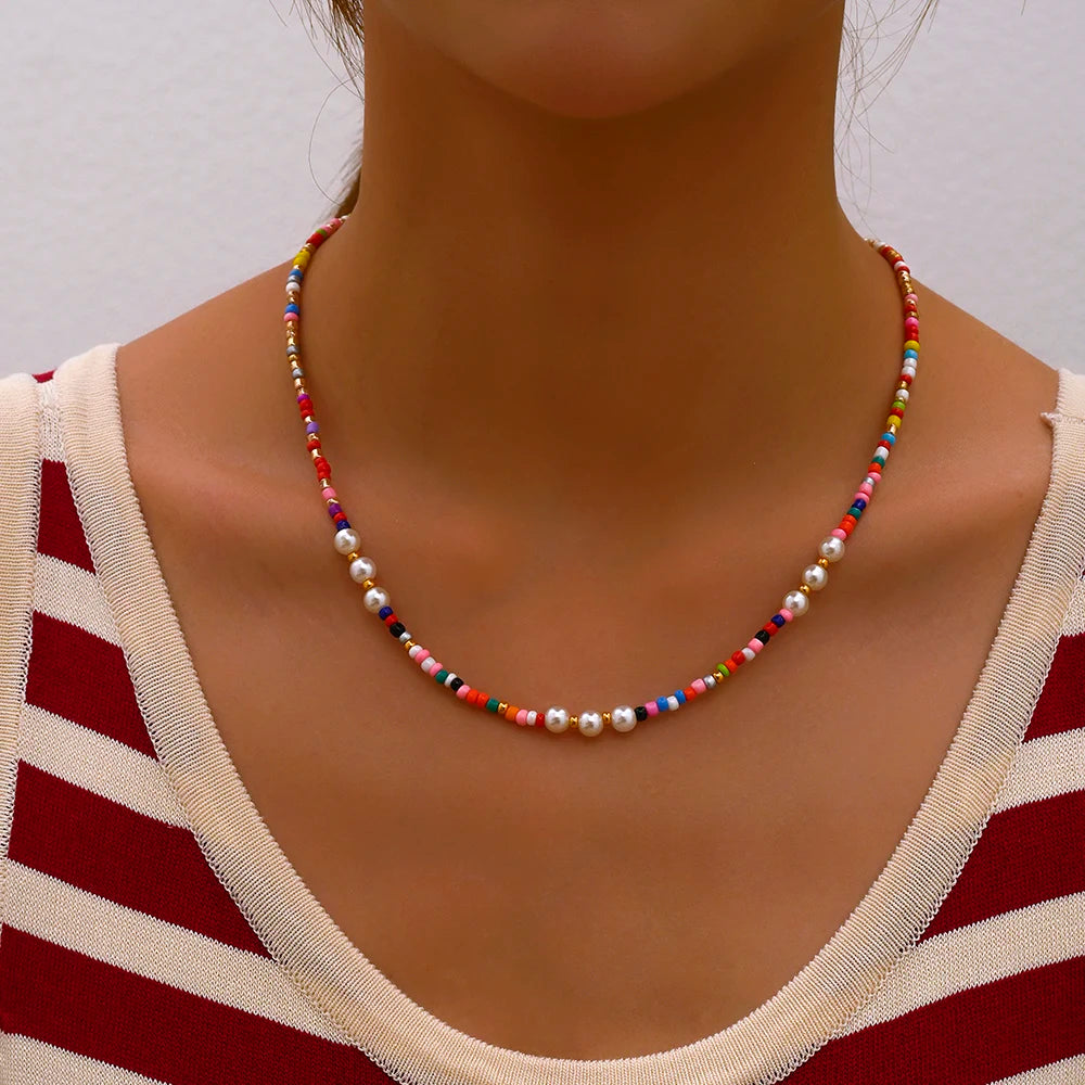 FBA Bohemian Gold Beads Pearl Pendant Necklace | Beach Vacation Jewelry