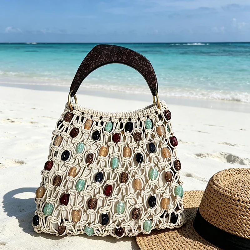 Handmade Woven Beaded Lattice Bag with Wooden Handle – Openwork Shoulder Tote