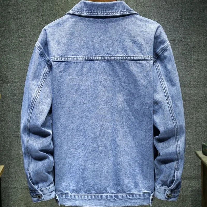 Men's Cargo Denim Jacket – Korean Style Patchwork Jean Coat | Blue & Black | M–5XL | FBA Vibes