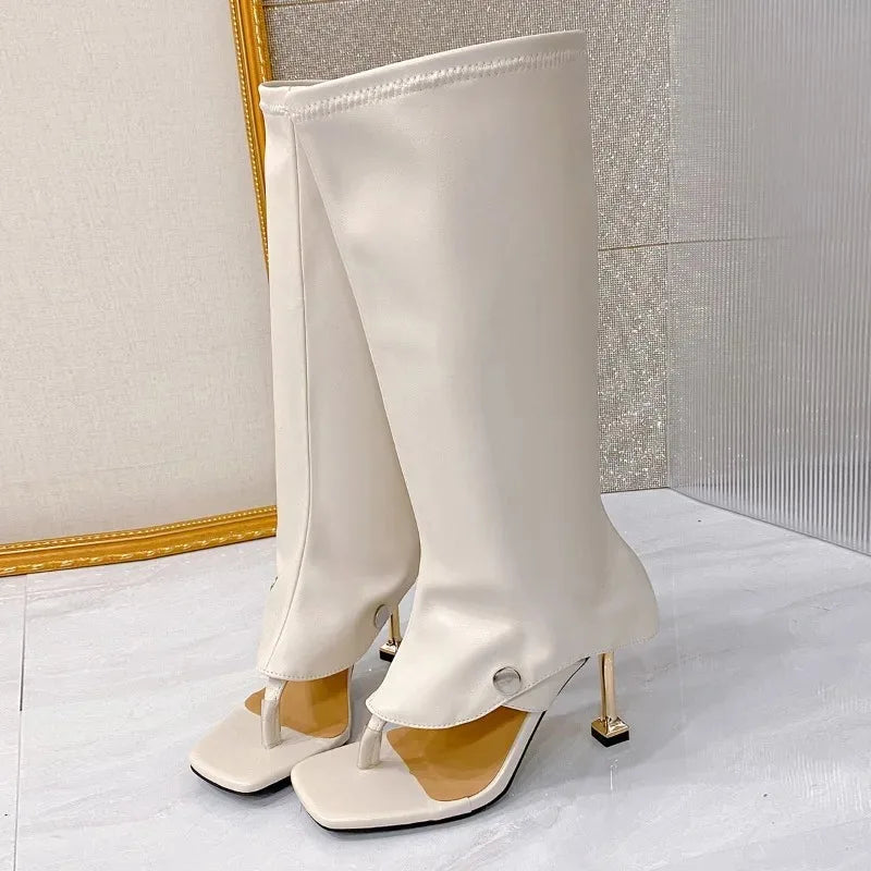 Women's Open Toe Knee-High Boot — Stiletto Heel, Slip-On