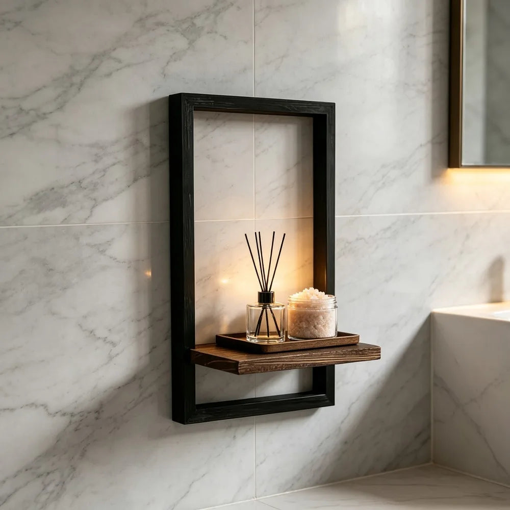 Black Frame Wooden Floating Wall Shelf | Rectangle Display Rack for Candles, Plants & Photos