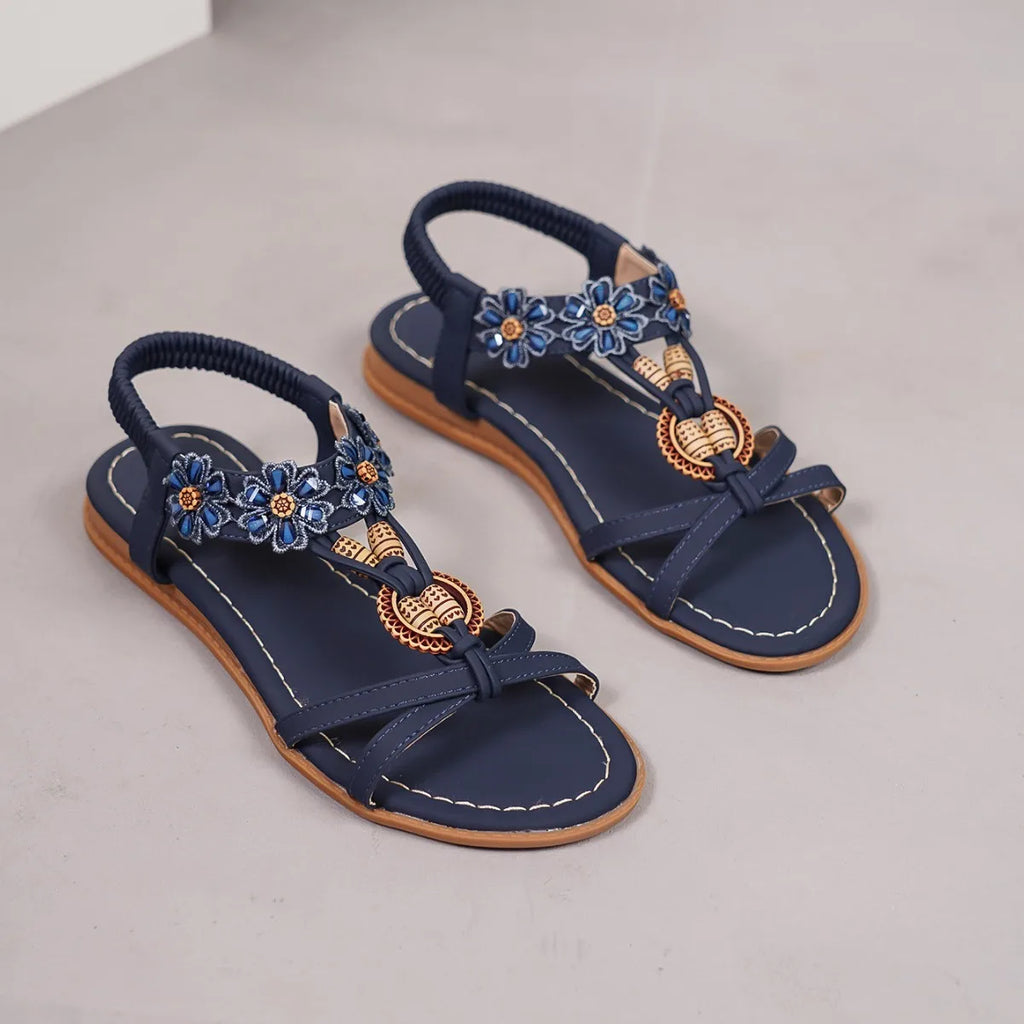 FBA Women's Bohemian Flower Wood Buckle Sandals | Plus Size Embroidered Shoes