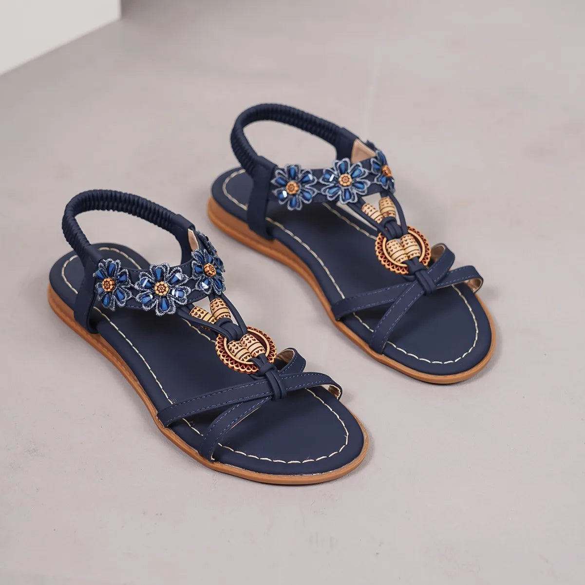 FBA Women's Bohemian Flower Wood Buckle Sandals | Plus Size Embroidered Shoes