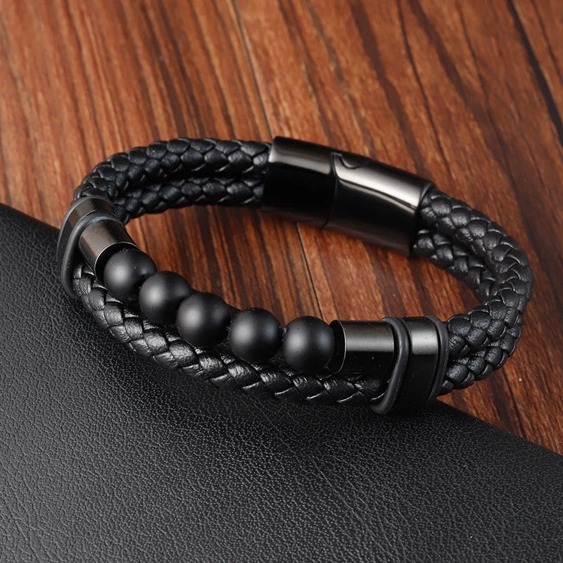 FBA Men's Beaded Leather Magnetic Clasp Bracelet | Natural Stone Jewelry