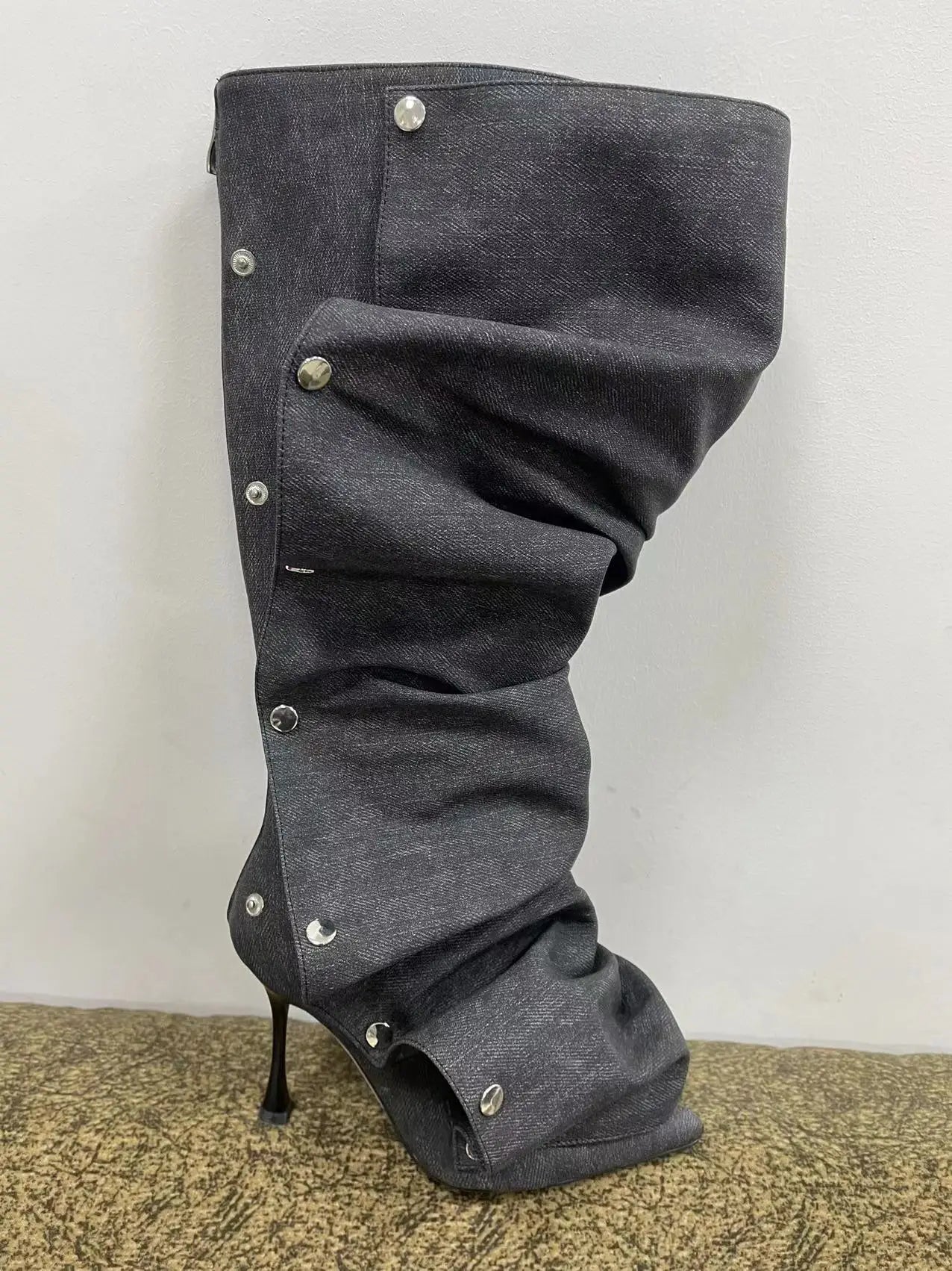 Women's Denim Knee-High Boot — Pointed Toe, Thin Heel, Metal Button