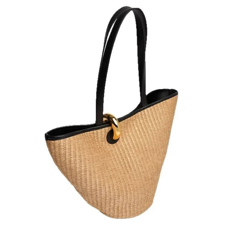 Handmade Straw Woven Bucket Bag for Women – Seaside Beach Tote & Shopping Basket Handbag